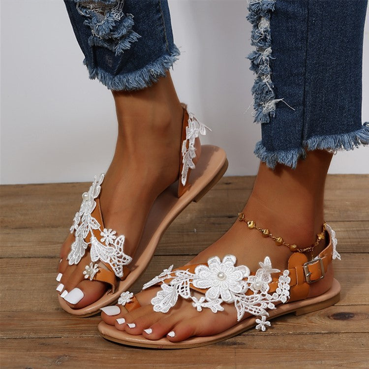 Lace Sandals Bohemia Beach Shoes Flowers Ankle Strap Flat Shoes Summer Limorista