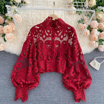 Design Sense Lace Hollow Top Stand-up Collar Puff Sleeve Loose Shirt Limorista
