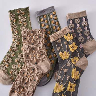 Cotton Socks Retro Court Three-dimensional Embossed Women&