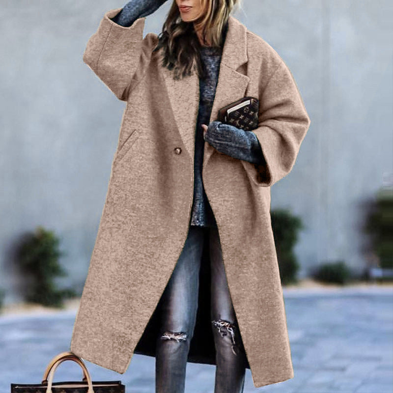 Autumn And Winter Long Woolen Color Temperament Commute No Belt Lapel Loose Woolen Green Coat Limorista