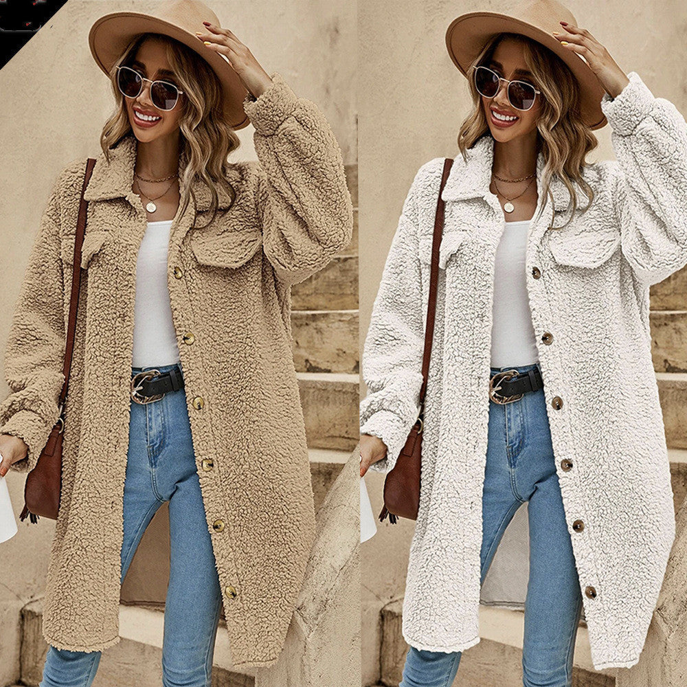 New European And American Winter Open Button Lapel Plush Coat Loose Long-cut Coat Women Limorista
