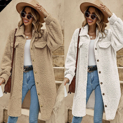 New European And American Winter Open Button Lapel Plush Coat Loose Long-cut Coat Women Limorista