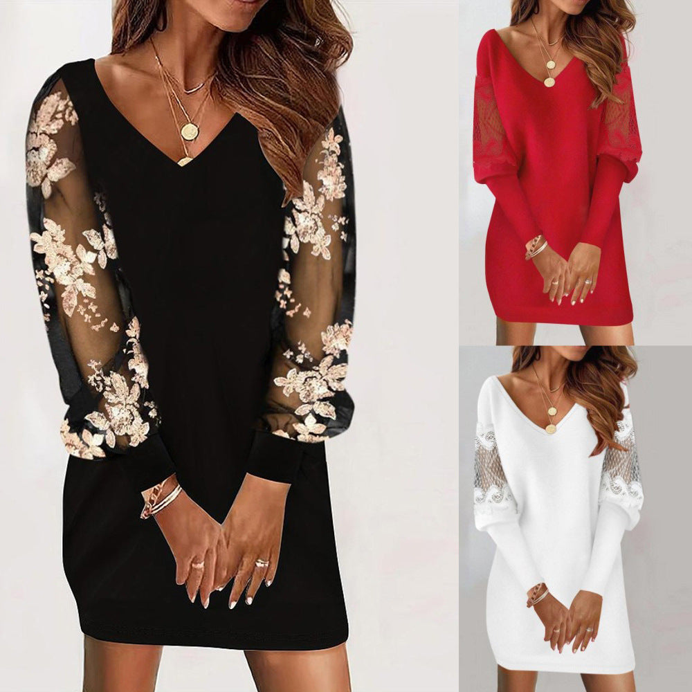 Long-sleeved V-neck Dress Spring And Autumn New Style Lace Splicing Dress For Womens Clothing Limorista
