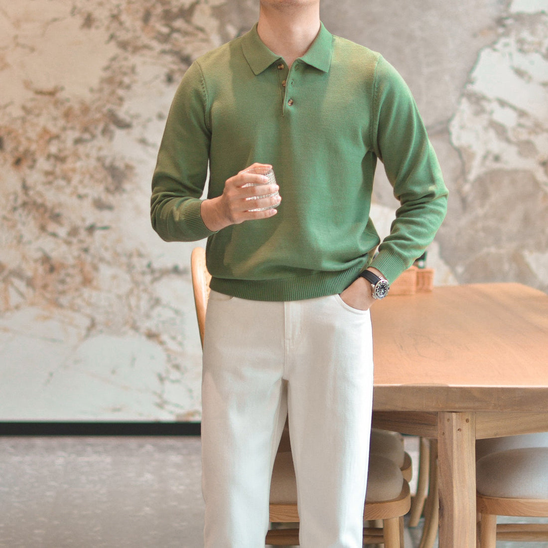 Mint Green Vintage Lapel Knit Shirt For Men Limorista