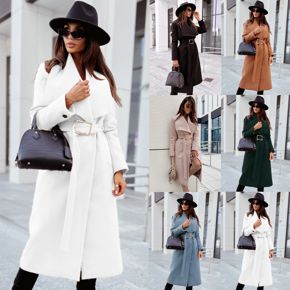 Autumn And Winter Simplicity Long Sleeve Button V-neck Lace Up Woolen Coat Women&