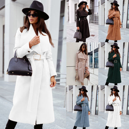 Autumn And Winter Simplicity Long Sleeve Button V-neck Lace Up Woolen Coat Women&