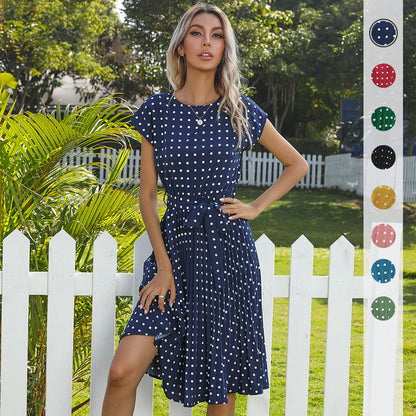 Summer Women Polka Dot Short Sleeve Dress Casual Bandage Party Pleated Midi Dresses Elegant Green Office Lady Clothing Limorista