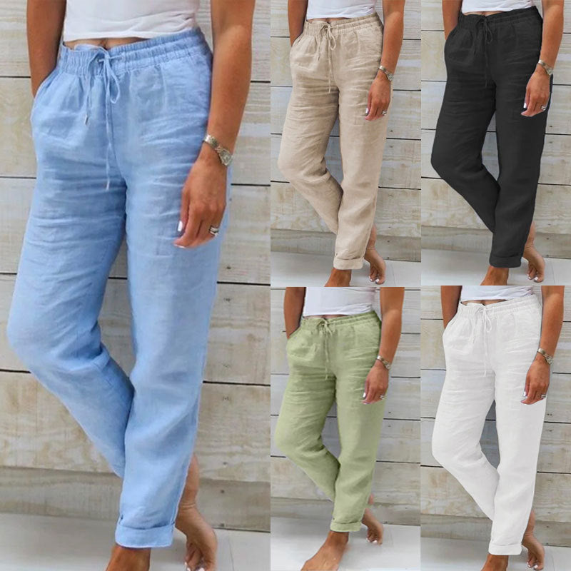 Summer Elastic Waist Solid Color Cotton Linen Wide Leg Pants Loose Pants Women&