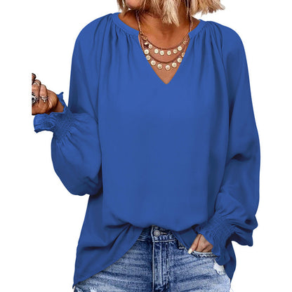 Autumn And Winter Solid Color Simple Cuff Smocking V-neck Women&