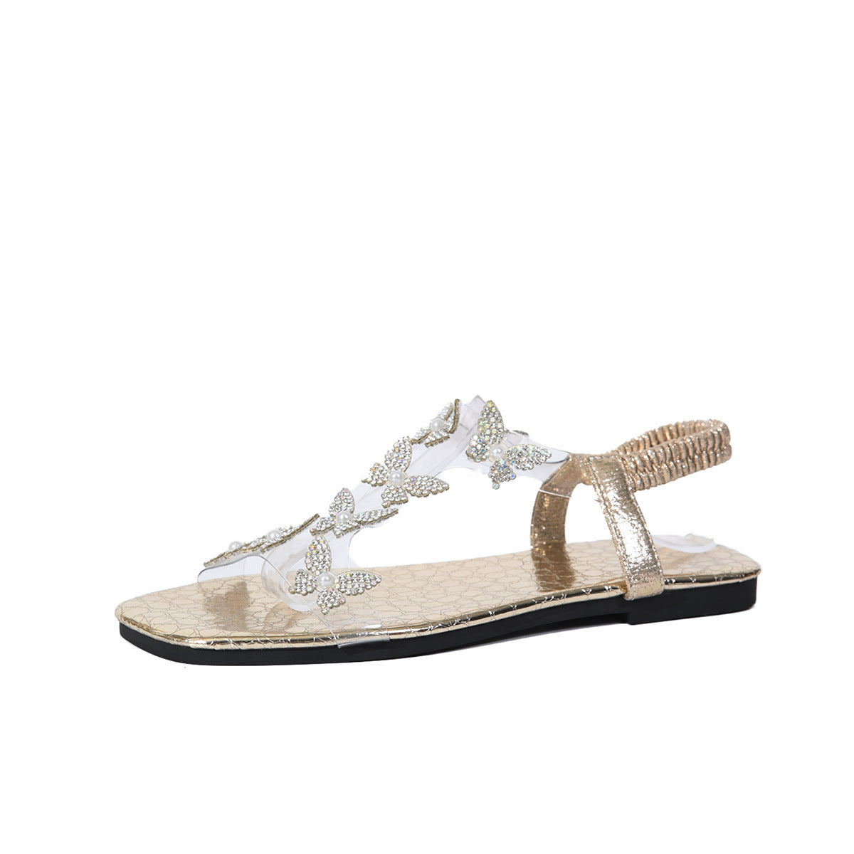 New Butterfly Rhinestone Sandals Summer Square Toe Flat Shoes For Women Limorista