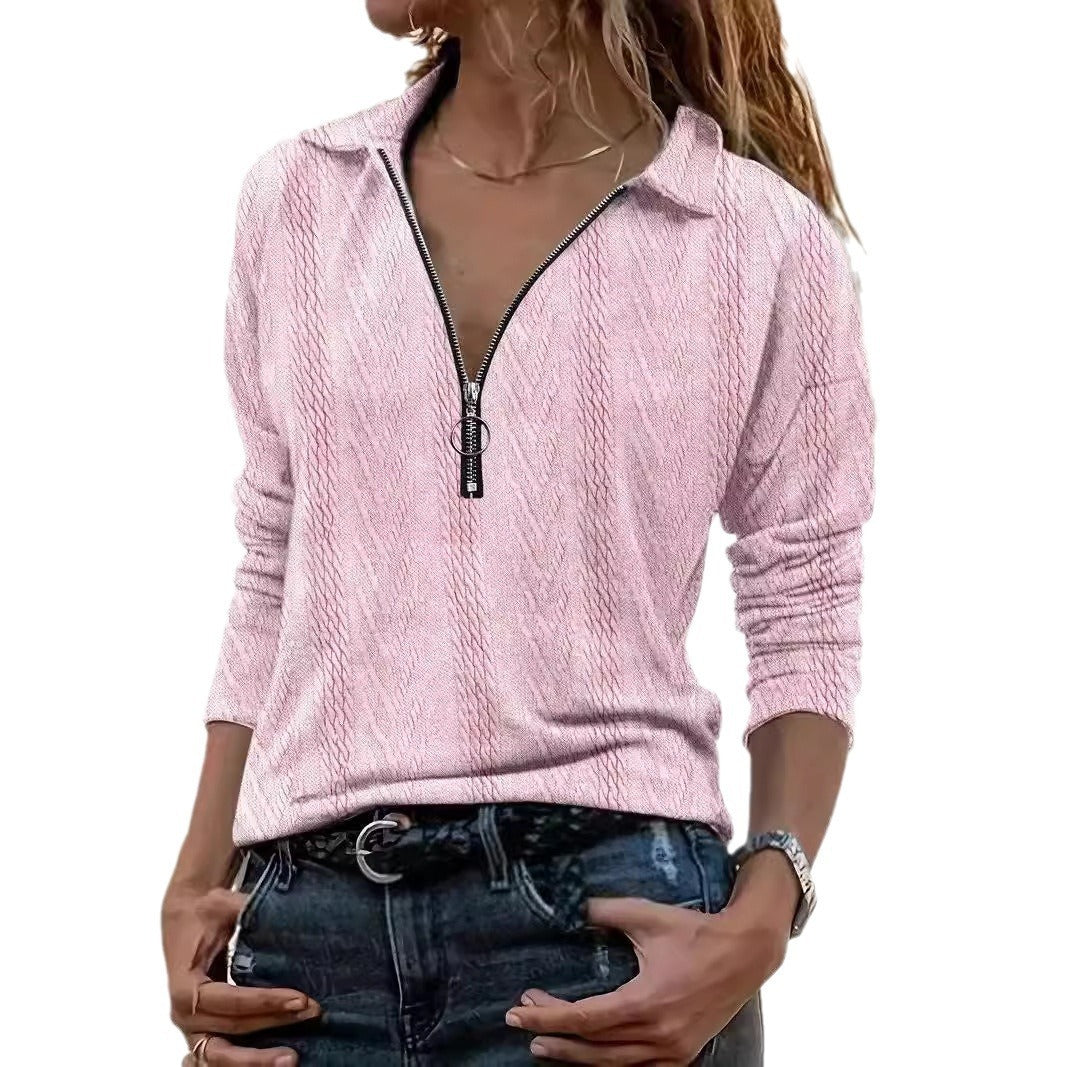 Lapel Solid Color Texture Series Zipper Women&