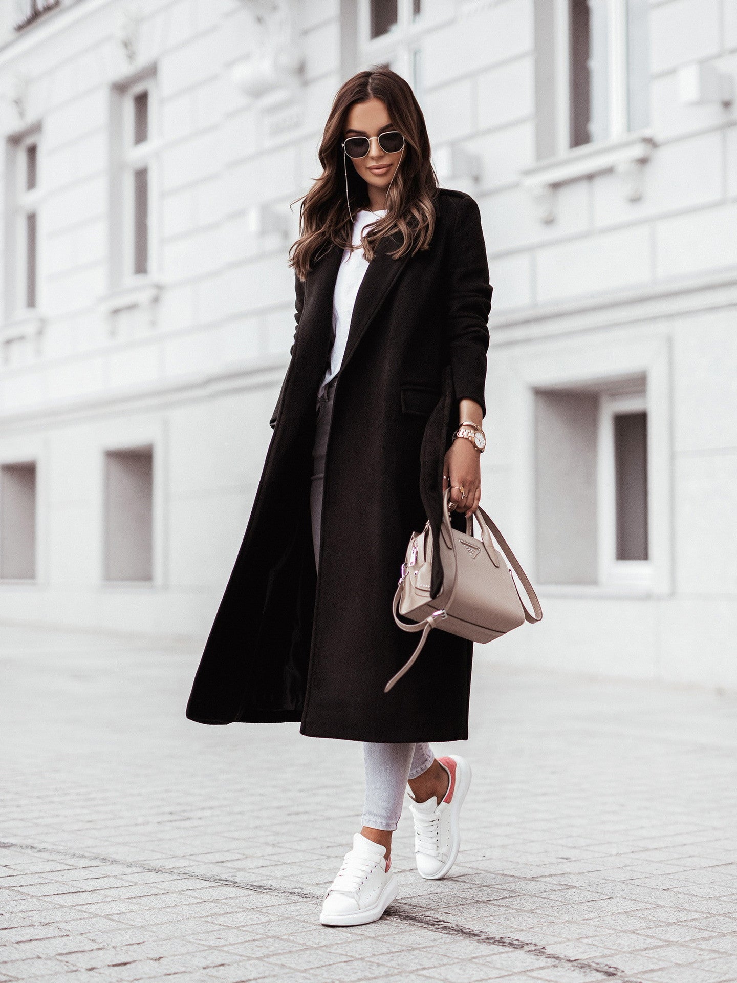 Long Sleeve V-neck Tie Woolen Coat Women&