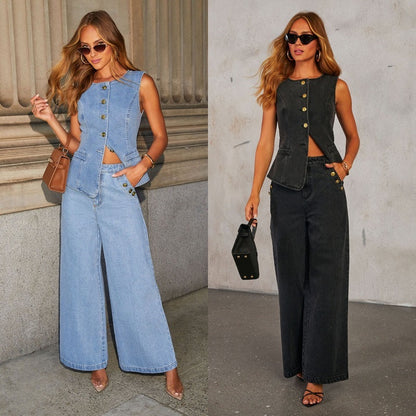 Denim Vest Suits Fashion Sleeveless Button Tops And Wide Leg Straight Pants With Pockets Women&
