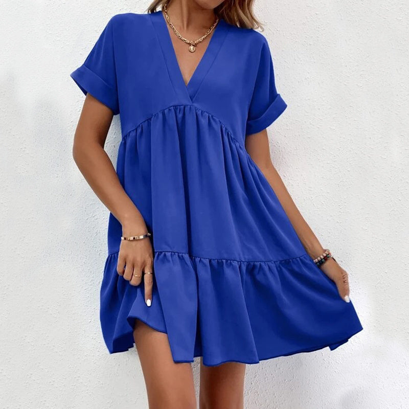 New Short-sleeved V-neck Dress Summer Casual Sweet Ruffled Dresses Solid Color Holiday Beach Dress For Womens Clothing Limorista