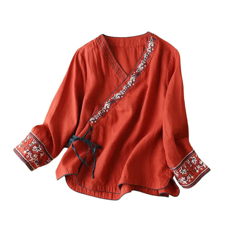 Cotton And Linen Long Sleeve T-shirt Women&