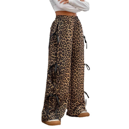 Elastic Waist Solid Color Bow Lace Up Casual Straight-leg Pants Limorista