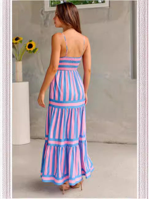 Summer Striped Printed Suspender Long Dress With Pockets Fashion Square Neck Backless Dresses For Beach Vacation Women Clothing Limorista