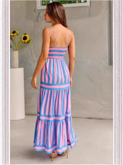 Summer Striped Printed Suspender Long Dress With Pockets Fashion Square Neck Backless Dresses For Beach Vacation Women Clothing Limorista