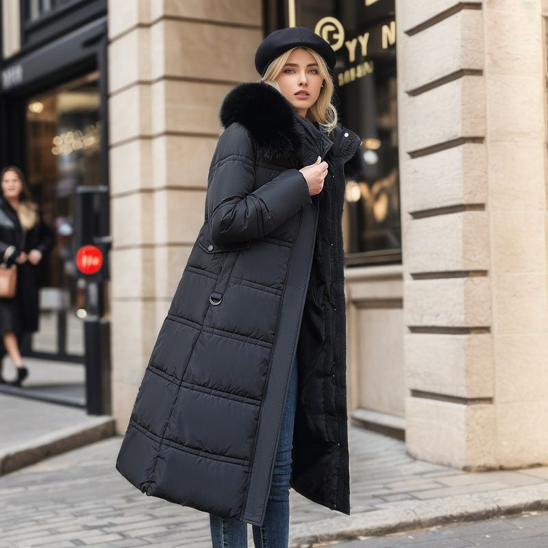 Winter Slim Long Jacket With Fur Hood And Belt Fashion Solid Hooded Coat Warm Clothing For Women Limorista