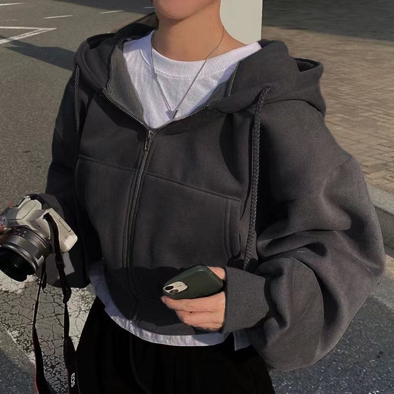 Velvet Padded All-matching Short Slim-fit Zipper Warm Navy Blue Hooded Sweater Limorista