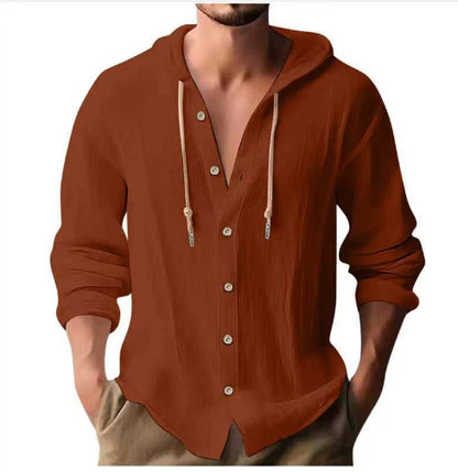 Cotton And Linen Shirt Hooded Sweater Button Long Sleeve Limorista