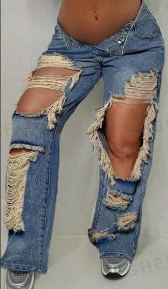 Street Vintage Slant Pocket Distressed Frayed Ripped Cut Out Straight Leg Jeans Casual Comfort Denim Pants Limorista