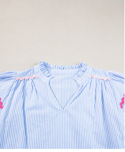 Sky Blue Stripe Ricrac Trim Split Neck Striped Ruffled Sleeve Blouse Limorista