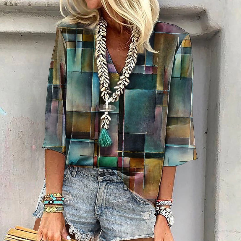 Cross-border Amazon Clothing 3D Printed V-neck Pullover Leisure Cropped POD Customization Limorista