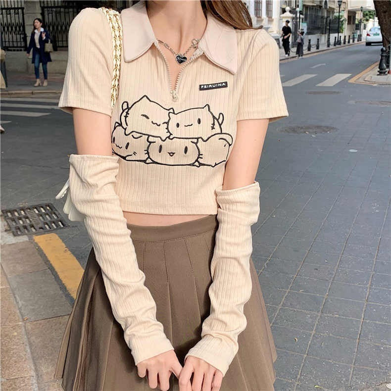 Cute Girl Sense Cream Color Print Polo Neck Short T-shirt Limorista