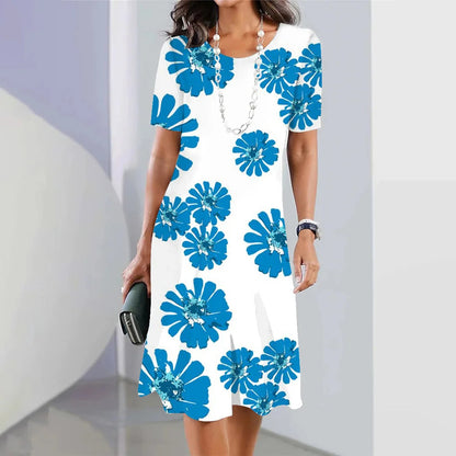 3d Floral Blue Printed Round Neck Fashion Party Dress Limorista