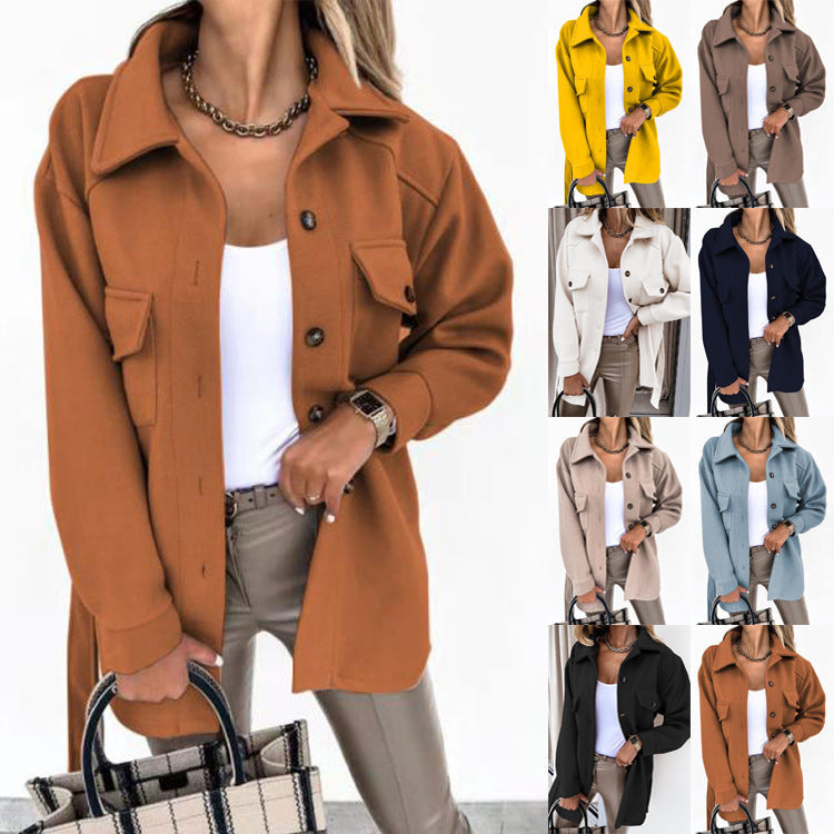 Long-sleeved Temperament Solid Color Lapel Button Lace Woolen Coat Limorista