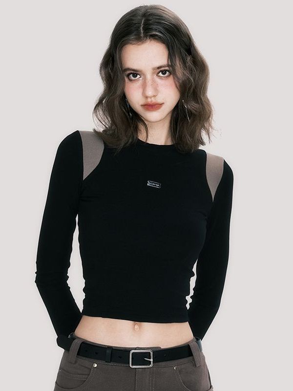 Autumn New Contrast Color Waist-controlled Long Sleeves Round Neck T-shirt Slim Top For Women Limorista