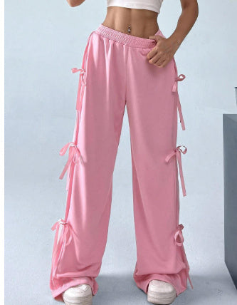 Elastic Waist Solid Color Bow Lace Up Casual Straight-leg Pants Limorista
