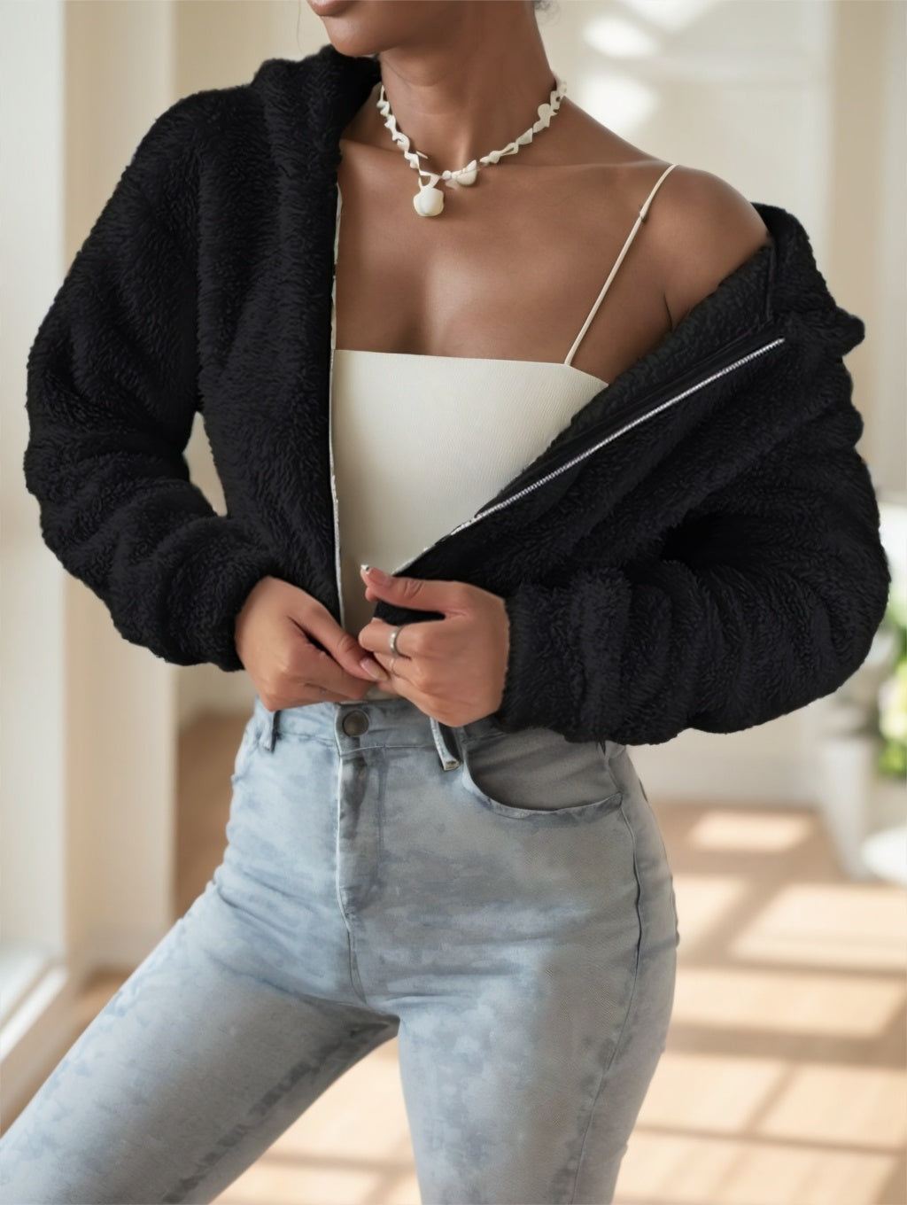 Solid Color Zip-up Teddy Hoodie, Casual Long Sleeve Hoodie Jacket Limorista