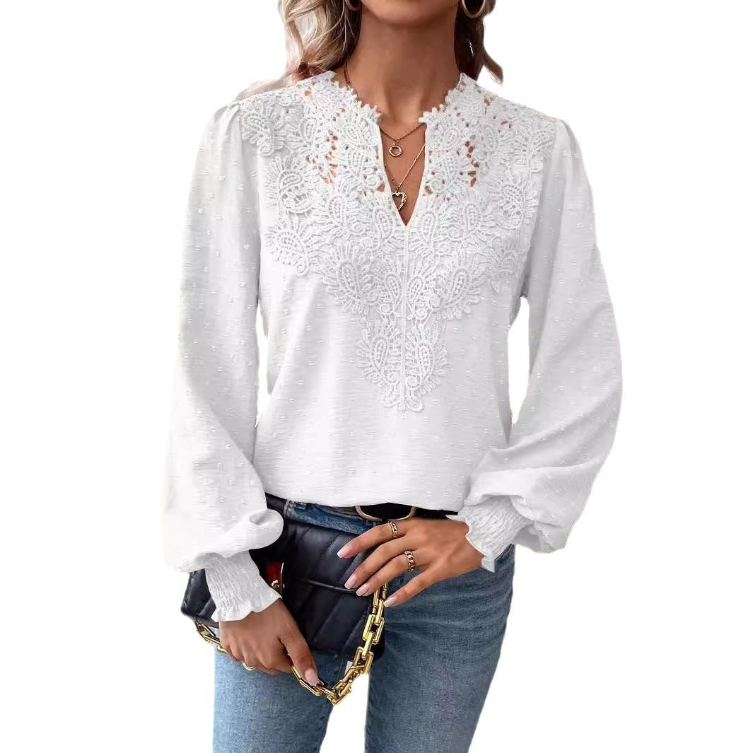 Lace Solid Color Long Sleeve Casual Women&