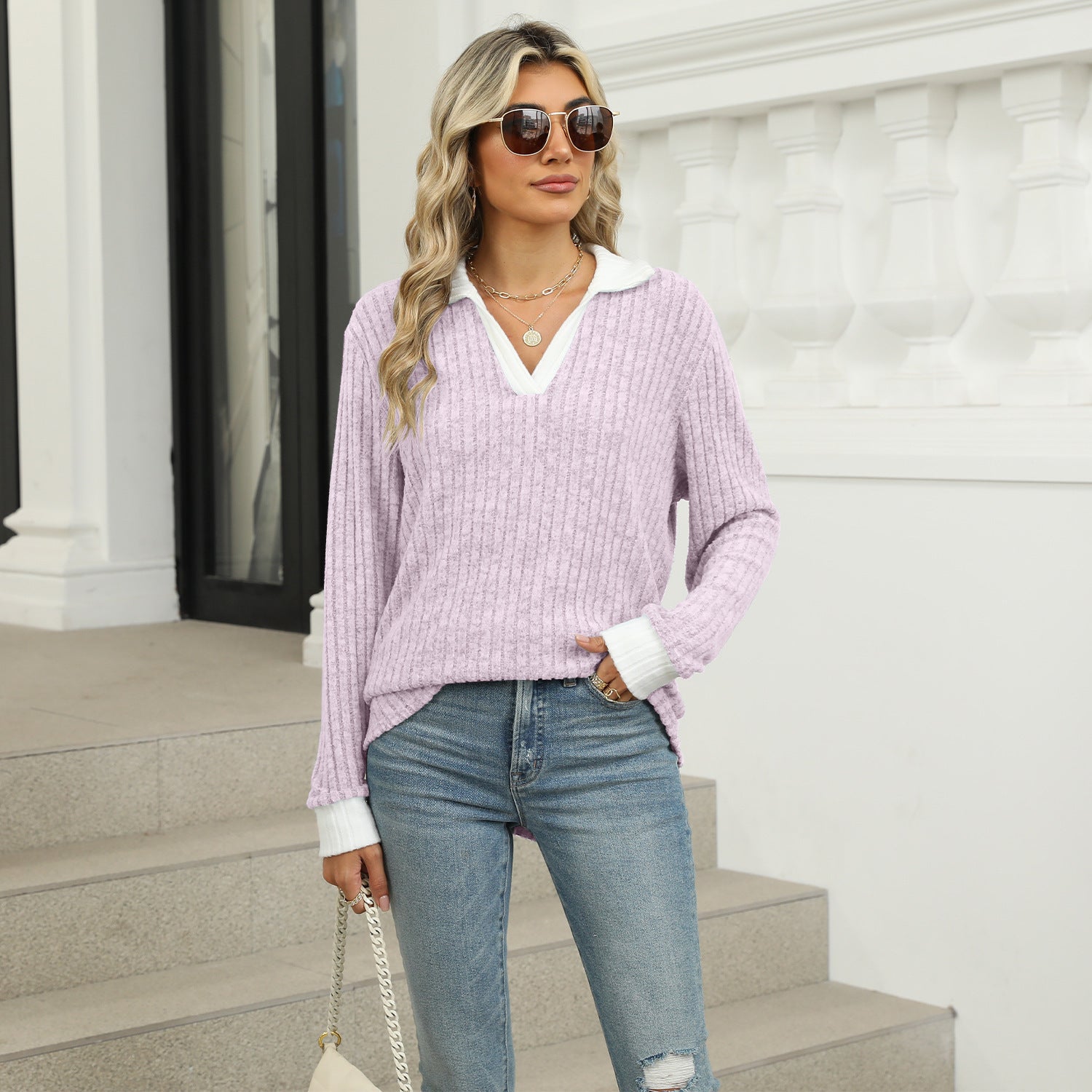Lapel Long Sleeve Loose-fitting T-shirt Top Women Limorista