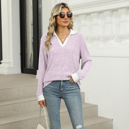 Lapel Long Sleeve Loose-fitting T-shirt Top Women Limorista