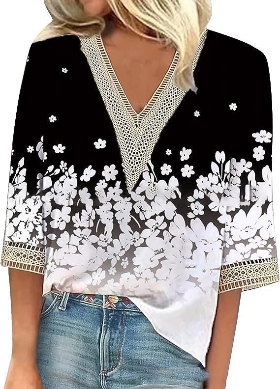 Wear Loose New Floral Print Stitching Lace Half Sleeve V-neck T-shirt Limorista