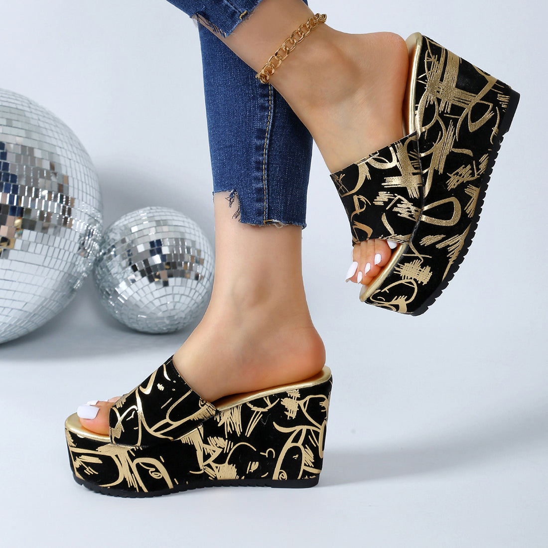 Round Toe Wedge Printed Slippers Limorista