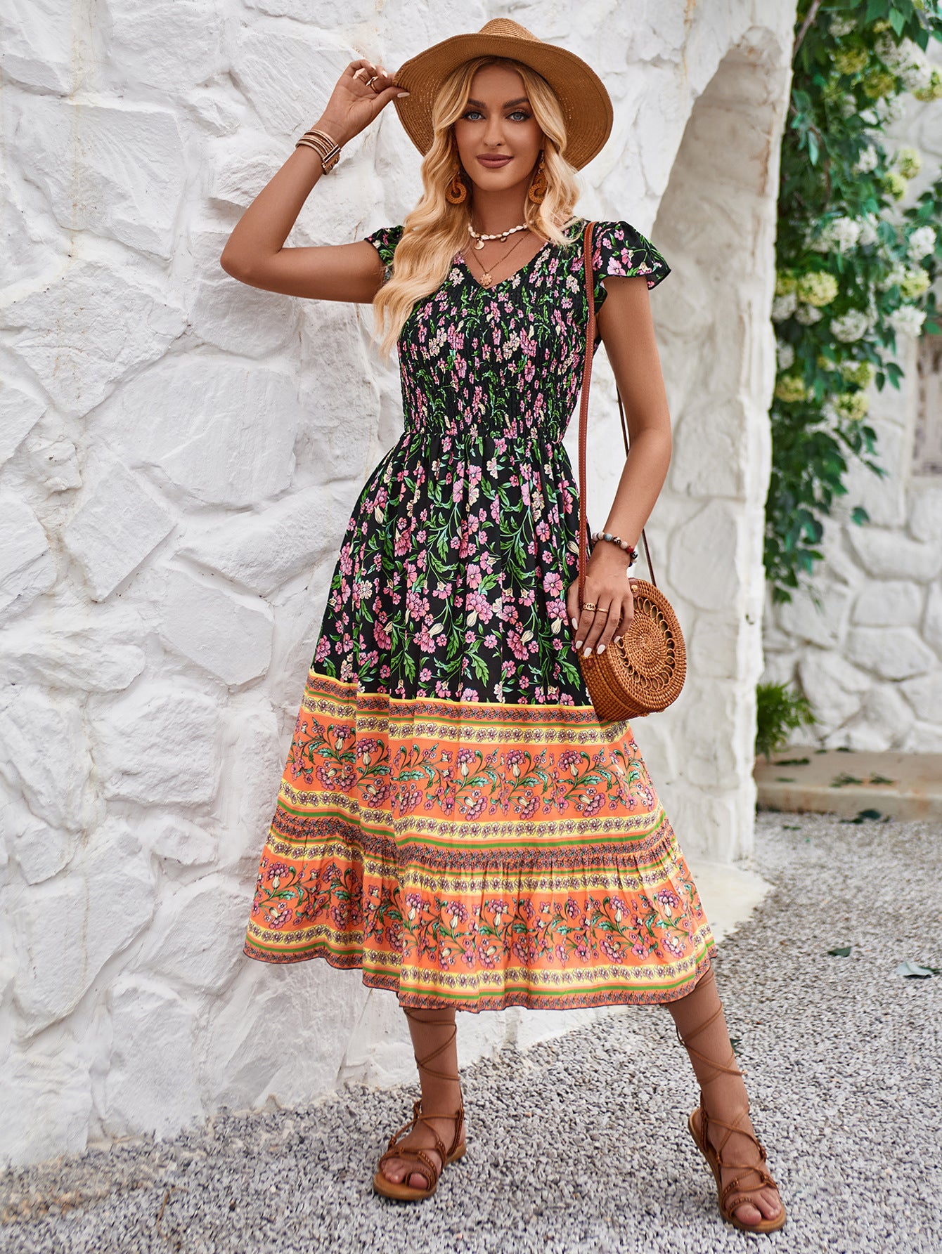 New Flowers Print V-neck Dress Summer Casual Ruffle Sleeveless Dresses Bohemian Holiday Beach Dress For Womens Clothing Limorista