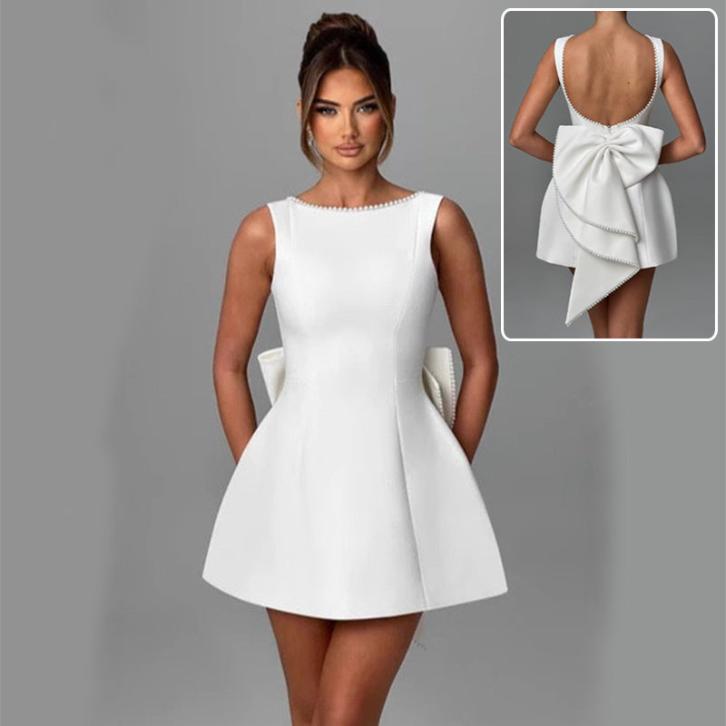 Fashion Big-Bowed Pearls Backless Dress Summer Slim Sleeveless A-line Dresses For Party Evening Women&