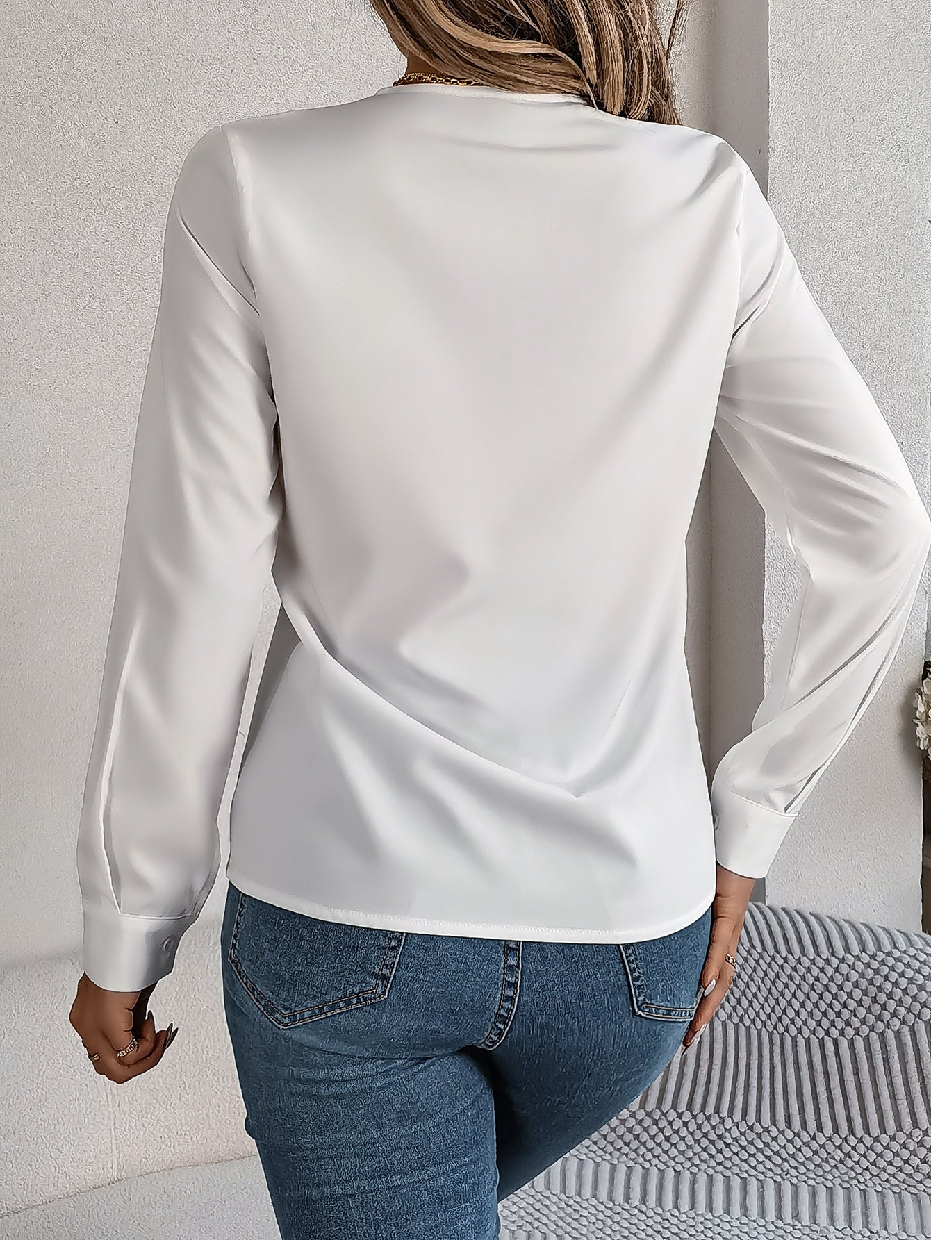 Fashion V-Neck Long Sleeve Shirt Elegant Commuter Solid Blouse Office Women&