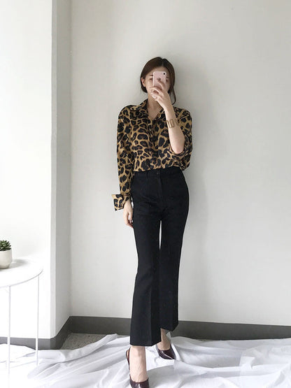 Vintage Leopard Print Loose Long Sleeve Shirt Limorista