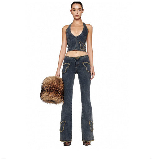 Girl Featured Loose Edge Butterfly Denim Halter Slimming Niche Vest Limorista