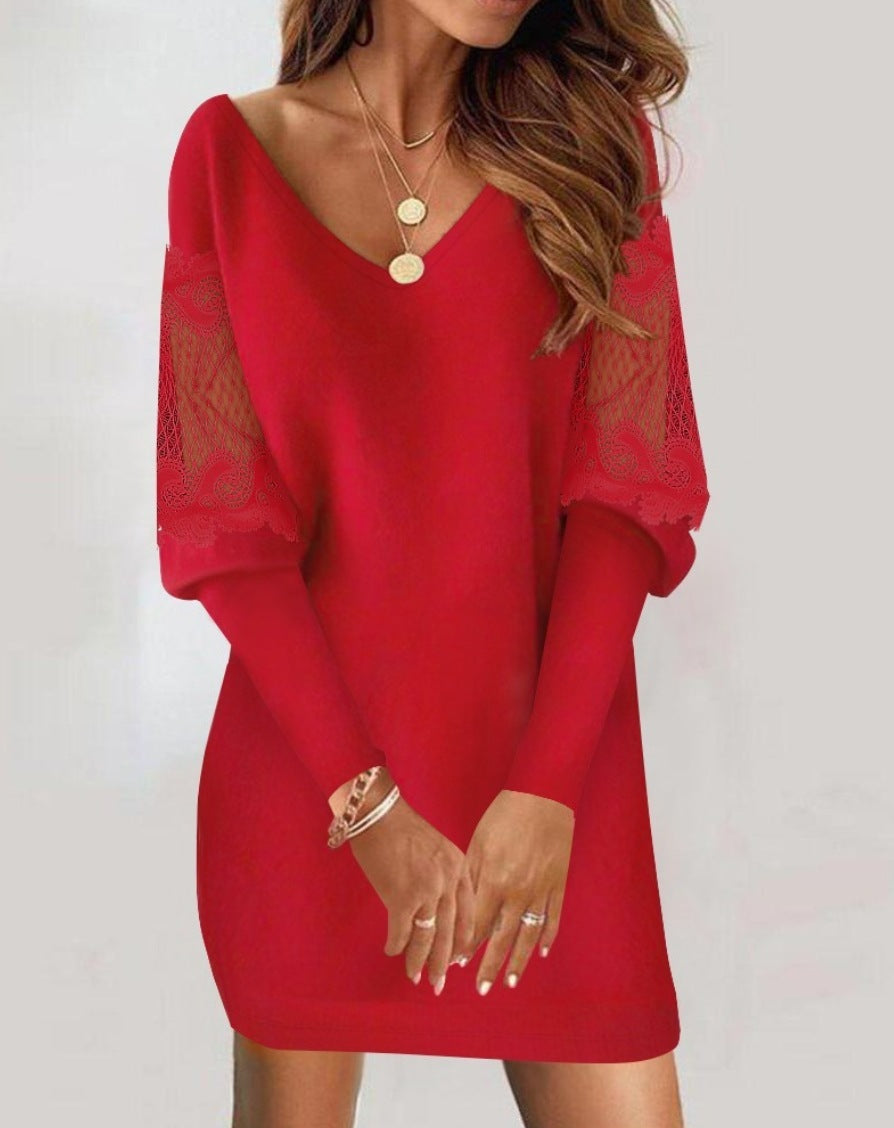 Long-sleeved V-neck Dress Spring And Autumn New Style Lace Splicing Dress For Womens Clothing Limorista