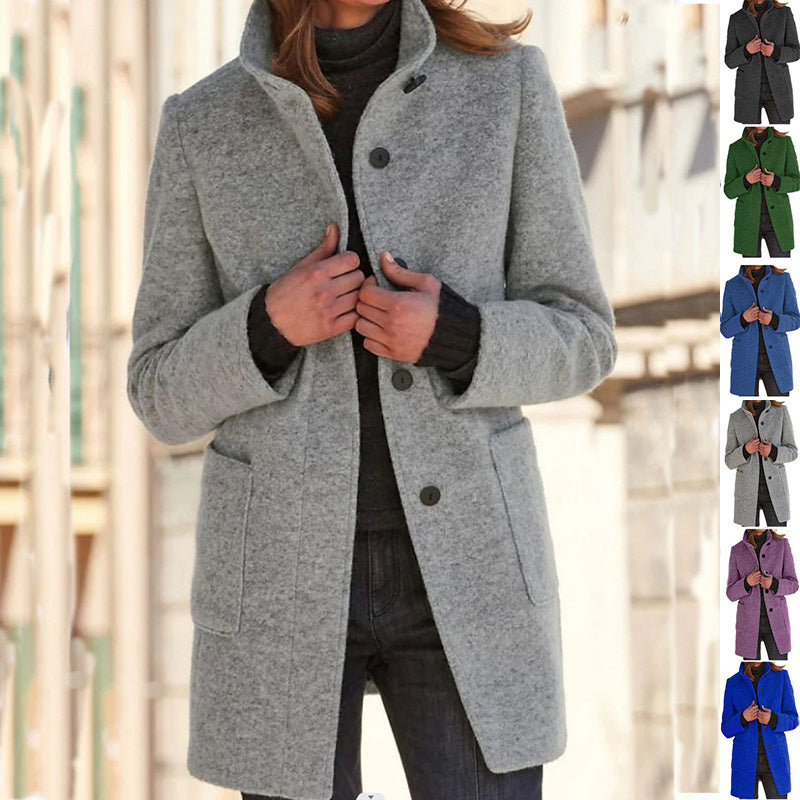 Fashion Stand Collar Woolen Coat With Pockets Fall Winter Casual Button Outwear For Women Clothing Limorista
