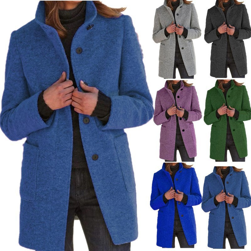 Fashion Stand Collar Woolen Coat With Pockets Fall Winter Casual Button Outwear For Women Clothing Limorista