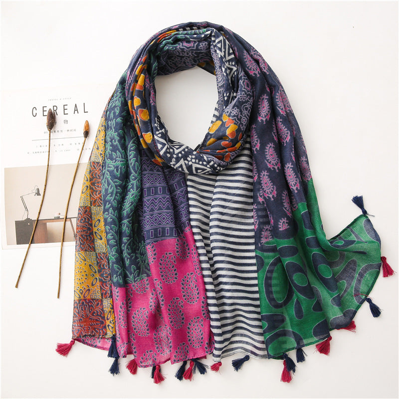 Japanese Style Artistic Fresh Cotton And Linen Scarf Retro Patchwork Bohemian Cashew Print Limorista
