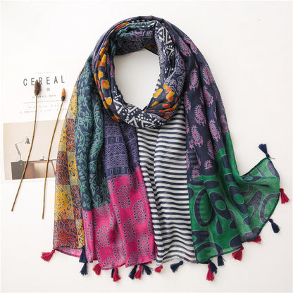 Japanese Style Artistic Fresh Cotton And Linen Scarf Retro Patchwork Bohemian Cashew Print Limorista