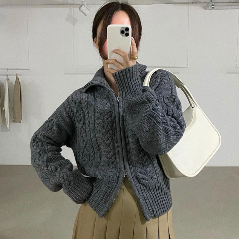 Retro Lapel Lapel Double Zipper Design Sweater Limorista